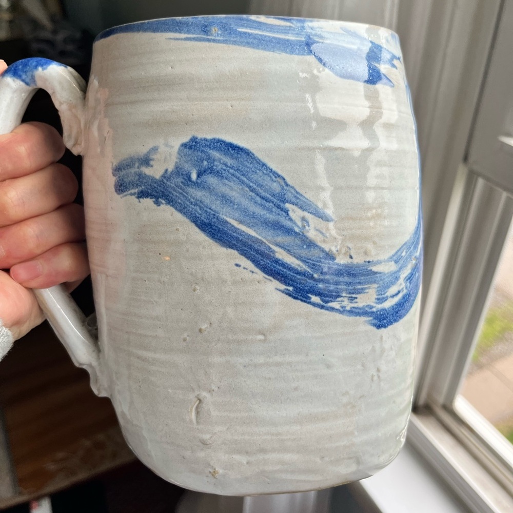 Handmade White pottery jug pitcher with Blue Brushstroke signed in Canada